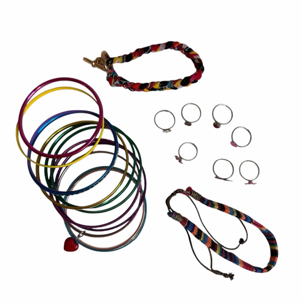 Lot of 12 Metal Bangles 2 braided Bracelets & 7 Adjustable Rings